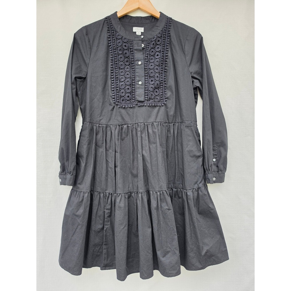 J.Crew Black Tiered Mini Dress Crochet Lace Bib Pom Pom AR974 Womens Small